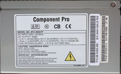 Component Pro ATX-300GTF 300W ATX PC tápegység 8 cm-es hűtőventilátorral -5V