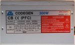   CODEGEN 300W ATX PC tápegység 8 cm-es hűtőventilátorral 2005 -5V