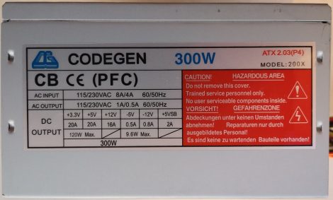 CODEGEN 300W ATX PC tápegység 8 cm-es hűtőventilátorral 2005 -5V