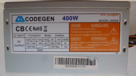 CODEGEN 400W ATX PC tápegység 8 cm-es hűtőventilátorral 2009
