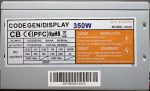  CODEGEN/DISPLAY 350W ATX PC tápegység 8 cm-es hűtőventilátorral -5V