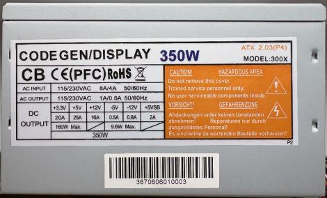 CODEGEN/DISPLAY 350W ATX PC tápegység 8 cm-es hűtőventilátorral -5V