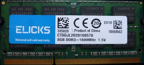 Elicks 8GB DDR3 sodimm 1600MHz (PC3-12800) laptop memória modul CT8GJL2020108578 1.5V M471B1G73QH0-YK0