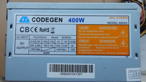 CODEGEN 400W ATX PC tápegység 12 cm-es hűtőventilátorral