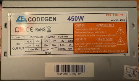 CODEGEN 450W ATX PC tápegység 12 cm-es hűtőventilátorral