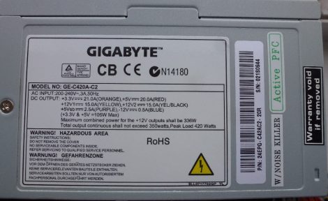 GigaByte GE-C420A-C2 420W ATX tápegység 12 cm-es hűtőventilátorral - Noise Killer - Active PFC