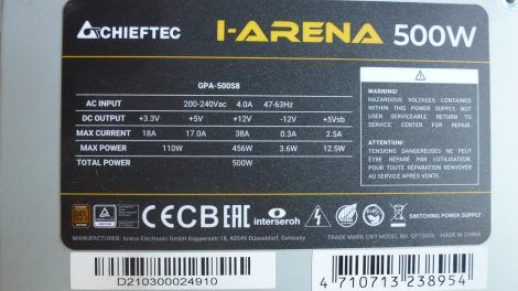 Chieftec I-ARENA GPA-500SB 500W ATX tápegység 12 cm-es hűtőventilátorral