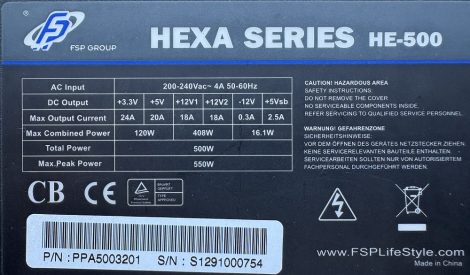 FSP HE-500 500W ATX PC tápegység 12 cm-es hűtőventilátorral