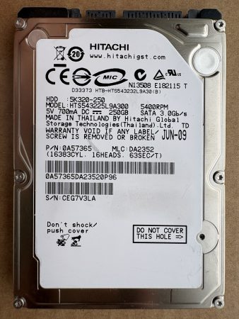 Hitachi HTS543225L9A300 250GB 2,5" Sata notebook HDD merevlemez 100%/100% Travelstar 5K320
