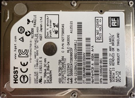 Hitachi HTS547575A9E384 750GB 2,5" Sata notebook HDD merevlemez 100%/100% Travelstar 5K750