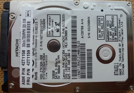 HITACHI HTS723232A7A364 320GB 2,5" Sata notebook HDD merevlemez 100%/100% Travelstar Z7K320 Lenovo 42T1159