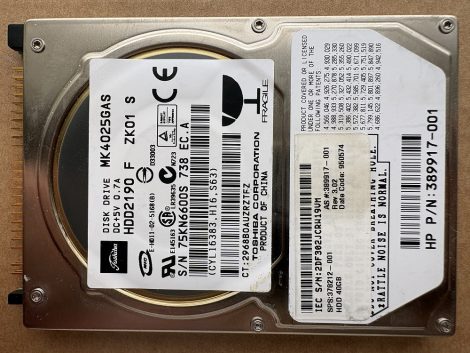 Toshiba MK4025GAS 40GB IDE 2.5'' Laptop HDD merevlemez 100%/99%
