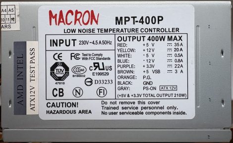 Macron MPT-400P 400W ATX PC tápegység 8 cm-es hűtőventilátorral -5V