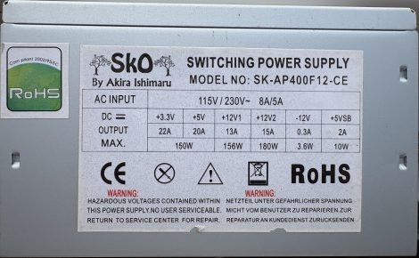 Akira SK-AP400F12-CE 400W ATX PC tápegység 12 cm-es hűtőventilátorral