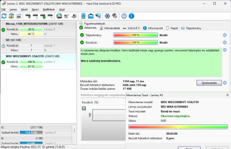 WDC WD2500BEVT-35A23T0 250GB 2,5" Sata notebook HDD merevlemez 100%/100% Scorpio Blue