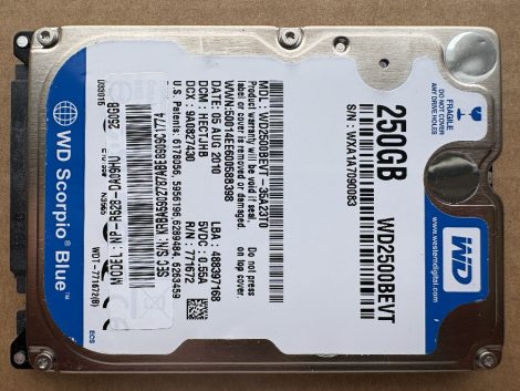 WDC WD2500BEVT-35A23T0 250GB 2,5" Sata notebook HDD merevlemez 100%/100% Scorpio Blue