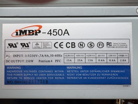 iMBP-450A 450W ATX PC tápegység 8 cm-es hűtőventilátorral 2004 csak régi AMD PC-hez